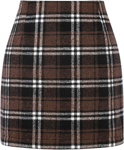 Women's High Waist Plaid Tight Pencil Wool Mini Skirt