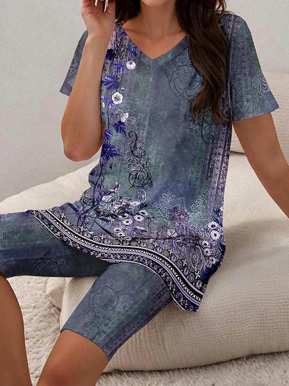 Women's Floral Print Two Piece Set – 3D Printed T-Shirt and Shorts Outfit