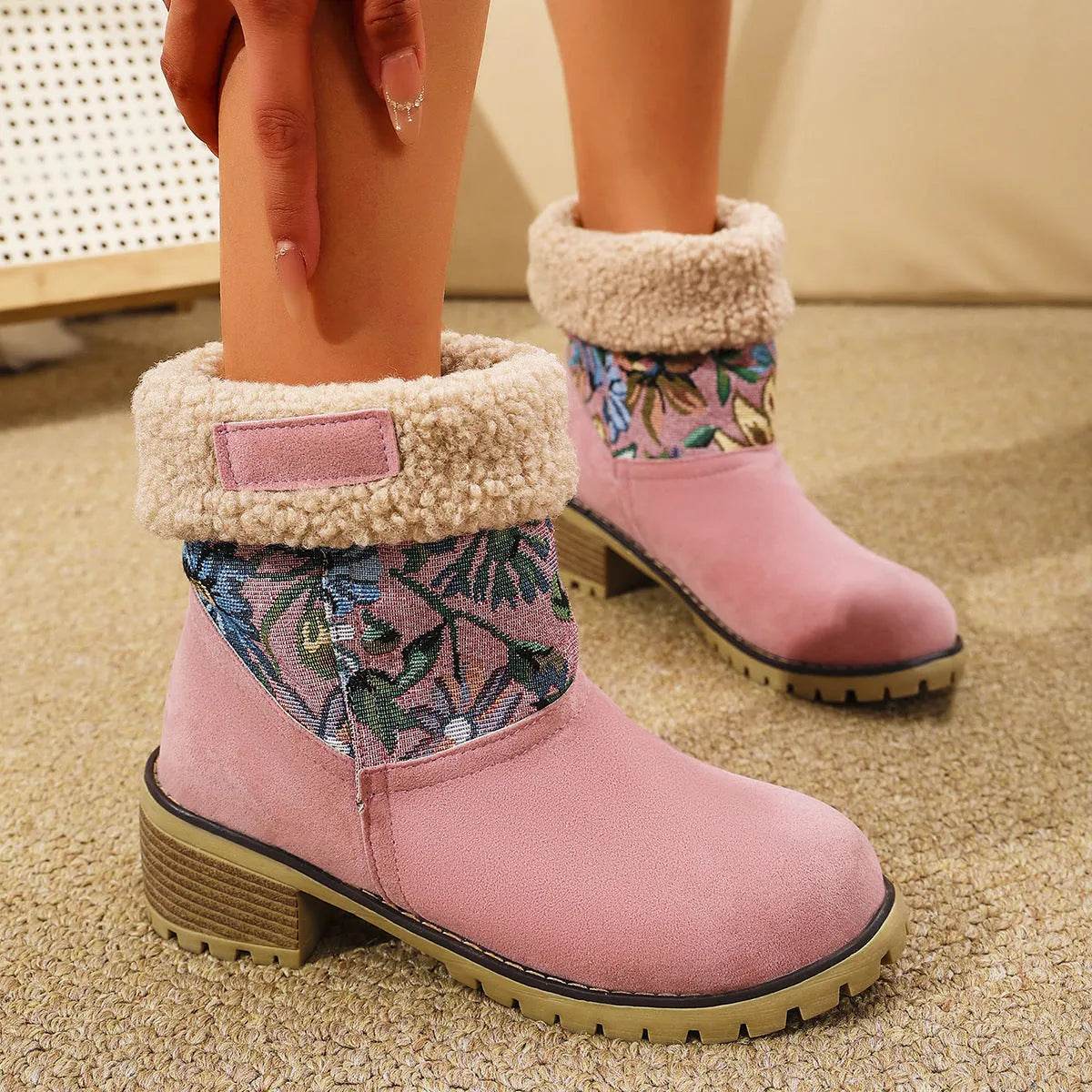 Bottes de neige brodées de fleurs, style ethnique, plateforme, talon carré épais, mi-mollet, bottes d'hiver chaudes en coton pour femmes