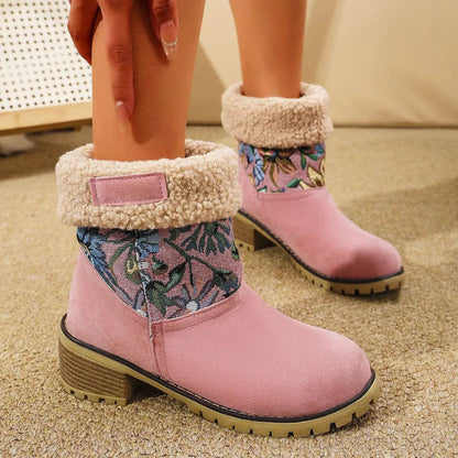 Bottes de neige brodées de fleurs, style ethnique, plateforme, talon carré épais, mi-mollet, bottes d'hiver chaudes en coton pour femmes