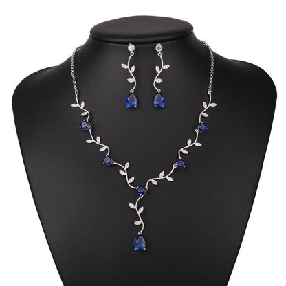 Cross border explosion leaves bridal ornaments zircon water drop earrings and necklace set