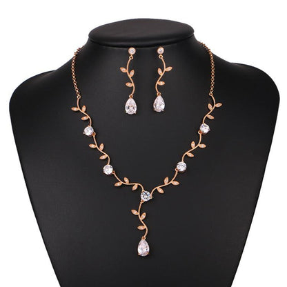 Cross border explosion leaves bridal ornaments zircon water drop earrings and necklace set