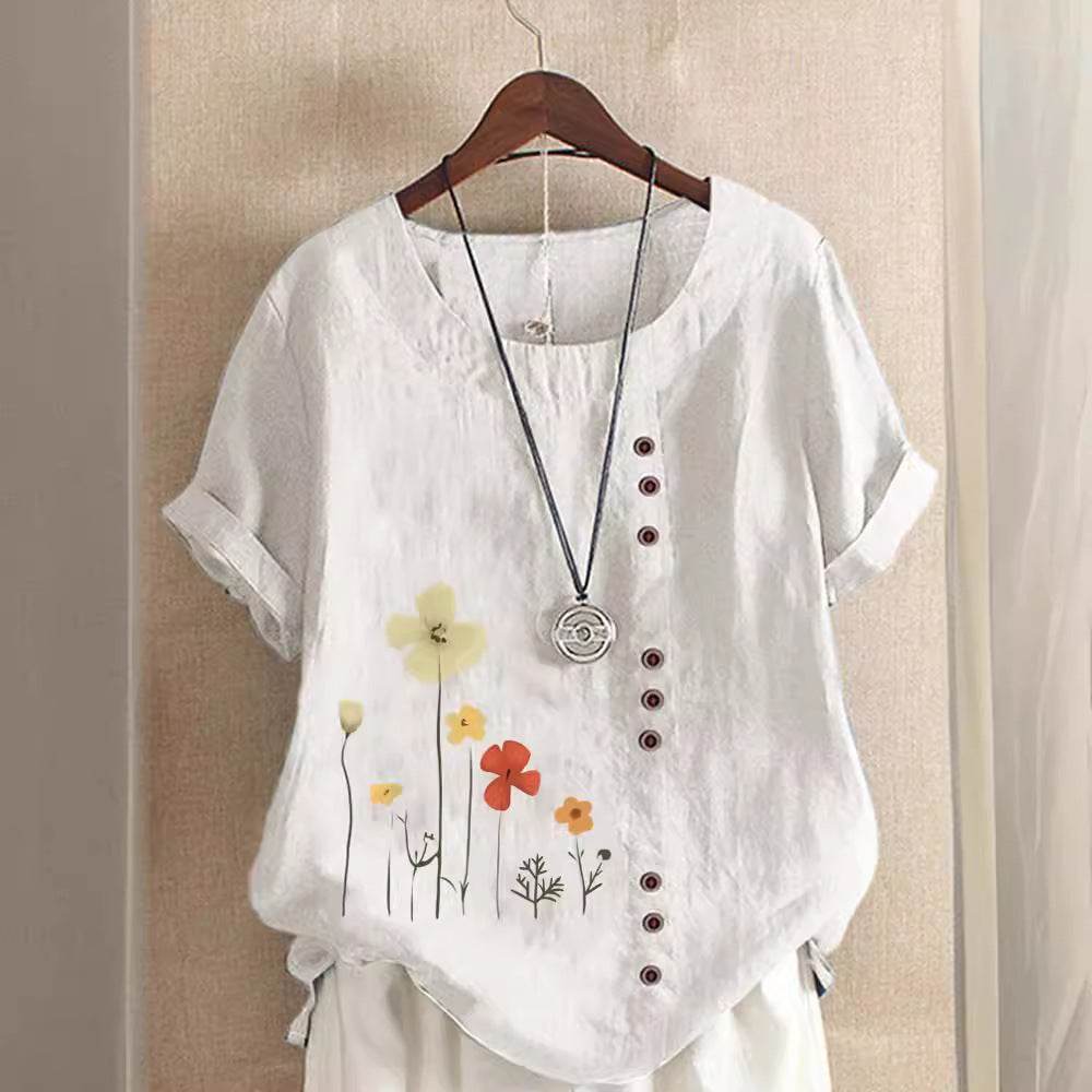 Casual Summer Beach Cotton And Linen Printed Elegant Short Sleeve blouse Top Women