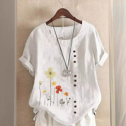 Casual Summer Beach Cotton And Linen Printed Elegant Short Sleeve blouse Top Women
