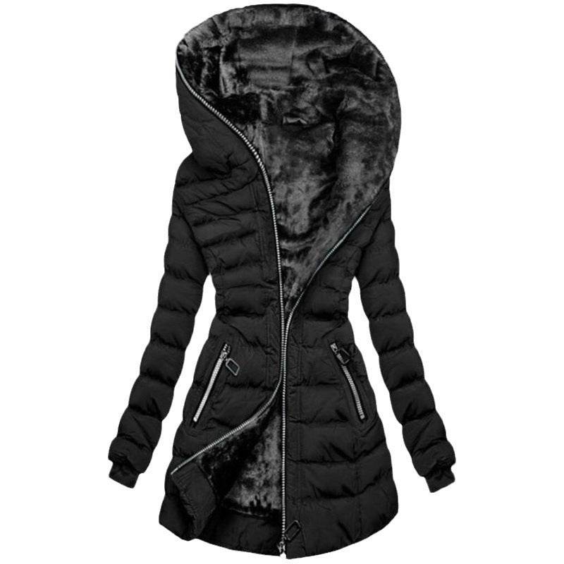 Veste matelassée à capuche chaude en polaire, longueur moyenne, noire