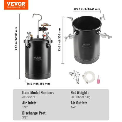 Spray Paint Pressure Pot Tank 15L 3.75gal Spray Gun Hoses Pressure Gauge