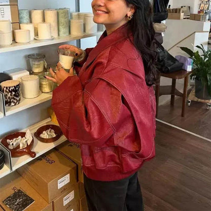 Oversized Fashion Zip-up Lapel Leather Jacket for women