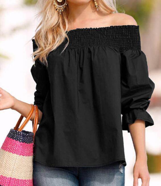 Spring Summer Women Off Shoulder Strapless Blouse top Bowknot Slash Neck Casual Loose Plus Size top