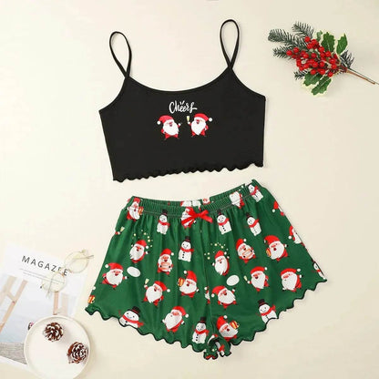 Pyjama de Noël européen et américain pour femme - Débardeur et short - Soie de lait - Simple et décontracté - Deux pièces - Vêtement d'intérieur