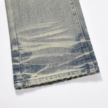 Distressed Scratches Denim Straight-leg Pants Men Jeans