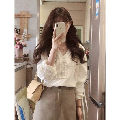 Unique Chic V-neck Long-sleeved Linen blouse top women