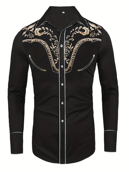 Western Cowboy Chic Long Sleeve Embroidered Shirt - Soft Cotton Blend, Elegant Design, Casual Style for Spring Fall Vacation Resort Wear - Men's Shirt for Outdoor Activities, Travel, and Leisure