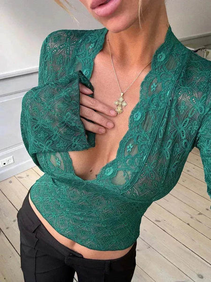 Haut court à manches longues en dentelle florale pour femme, style Y2K, coupe ajustée, débardeur décontracté en dentelle pour femme