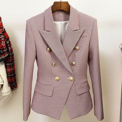 Houndstooth Small Jacket Women Long-Sleeved Double-Breasted Plaid Blazer