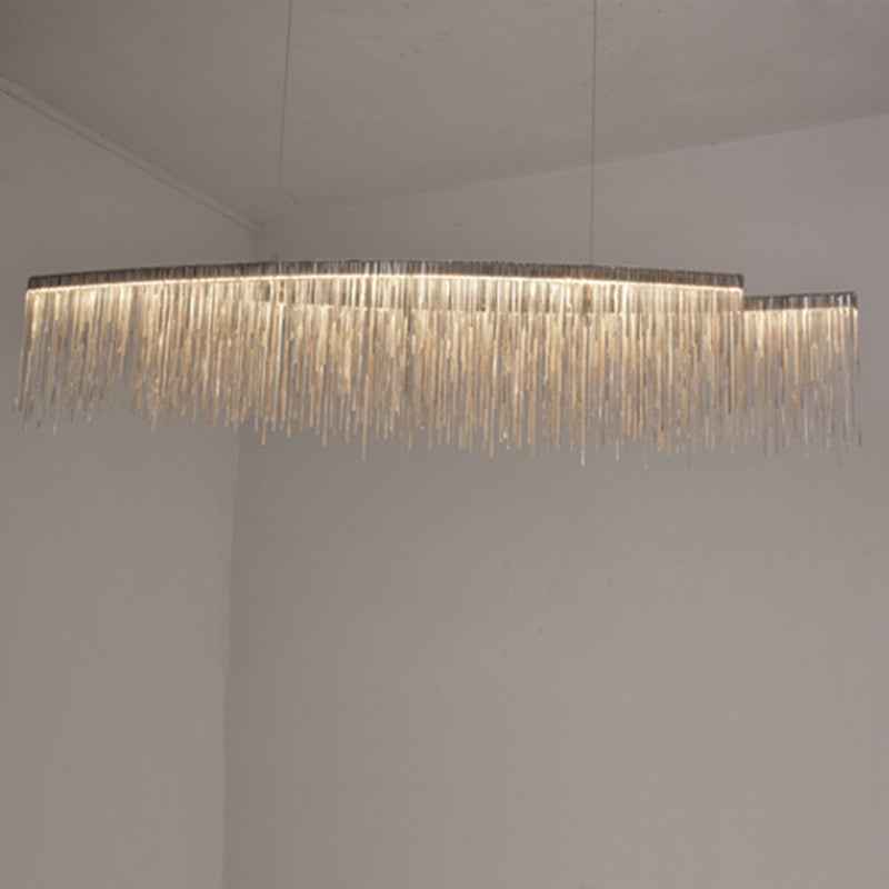 Personalized Minimalist Chandelier – Modern Silver Aluminum Pendant Light with Tassel Design for Dining & Living Room