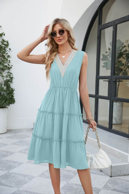 Robes Col V Femme Sans Manches Plissées Volants Élégante Robe Plage Été