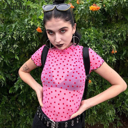 Nibber new Women Heart-shaped Print Pink see-through Tops Tee summer fashion wild Elastic Slim Soft O-Neck short sleeve Tank top