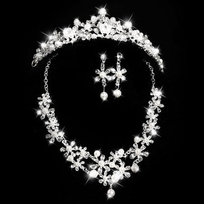 Bridal headdress, three sets of crystal flower necklace, diamond earrings, Wind crown, wedding jewelry set
