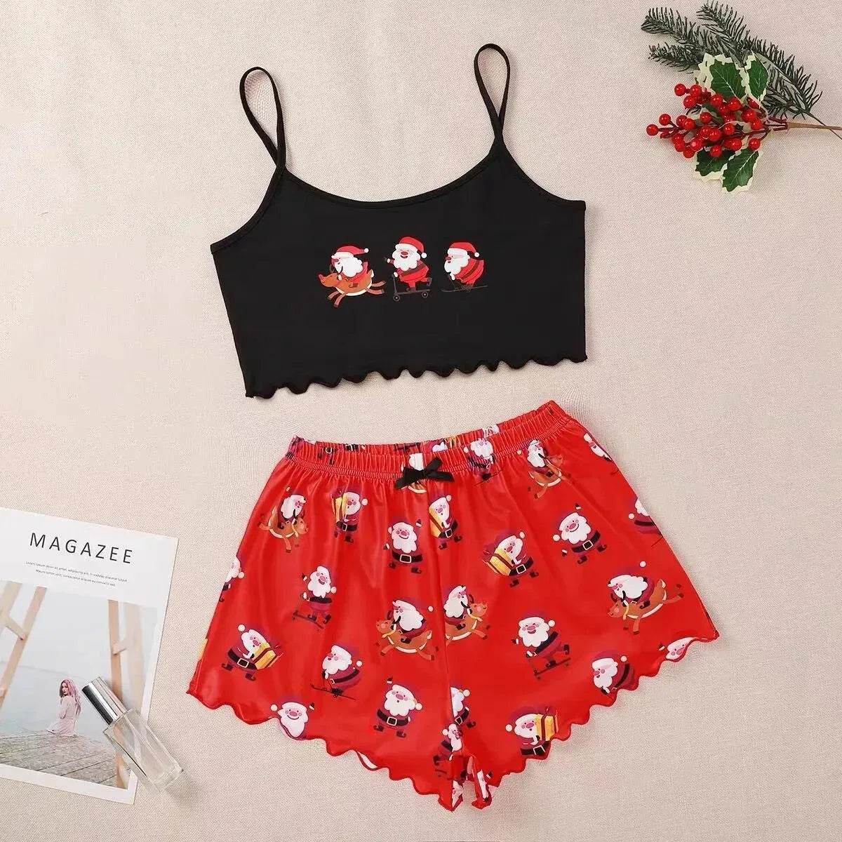 Pyjama de Noël européen et américain pour femme - Débardeur et short - Soie de lait - Simple et décontracté - Deux pièces - Vêtement d'intérieur