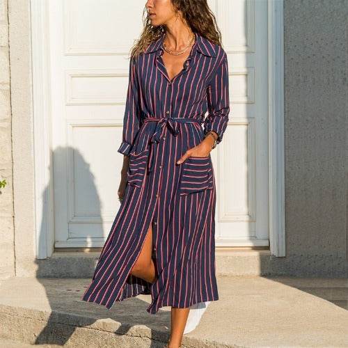 Robe longue à rayures en mousseline de soie à manches longues pour femmes, col en V, sexy, élégante et décontractée, printemps-été