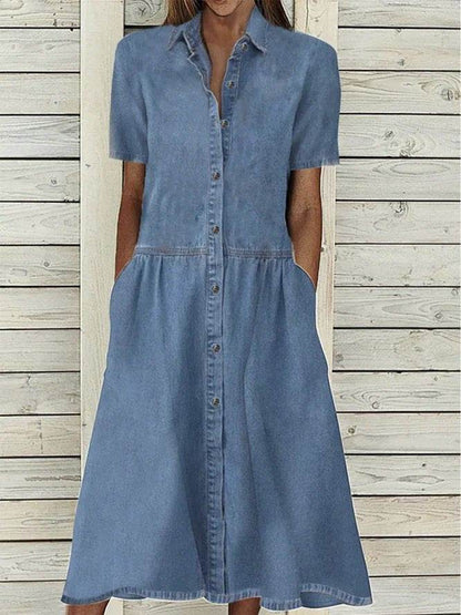 Women's European And American Lapel Casual loose button down Midi Denim jeans Mum Dress