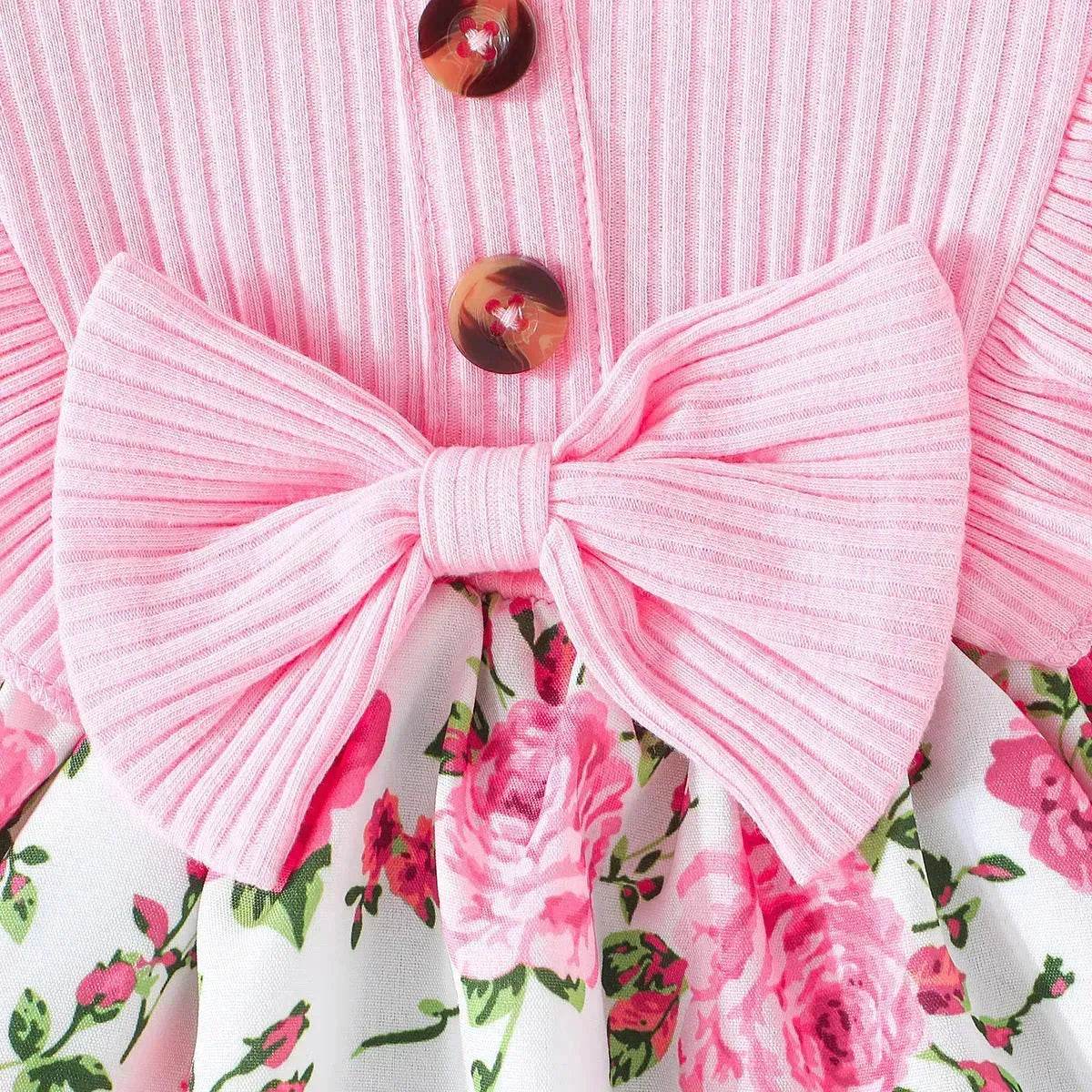 Ensemble robe-salopette et bandeau imprimé floral pour bébé fille, tenue d'extérieur pour bébés filles avec nœud papillon, robe rose pour bébé fille