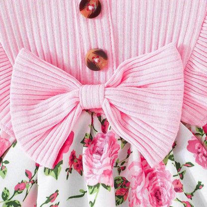Ensemble robe-salopette et bandeau imprimé floral pour bébé fille, tenue d'extérieur pour bébés filles avec nœud papillon, robe rose pour bébé fille