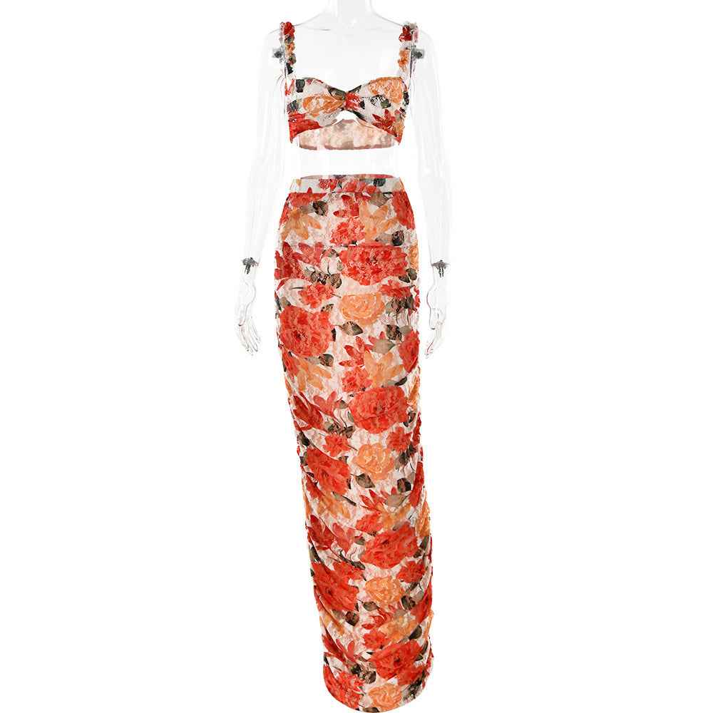 Elegant Women's Two Piece Dress Set – Printed Sleeveless Top with Pleated Maxi Skirt