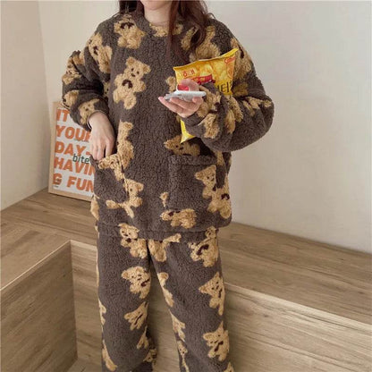 Polar Bear Fleece Winter Home Lounge wear Pajamas Set Women