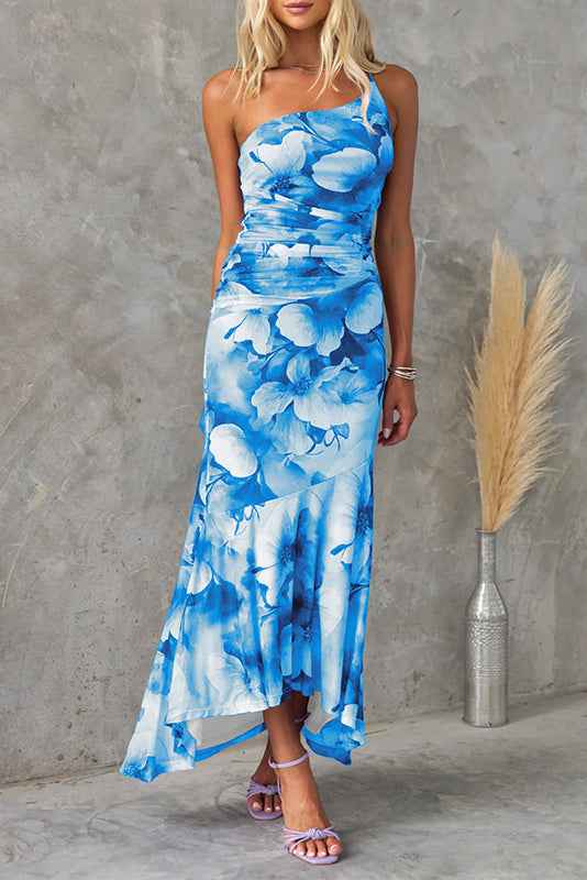 Floral Print One-Shoulder Maxi Dress – Women's Casual Summer Botanical Long Dress
