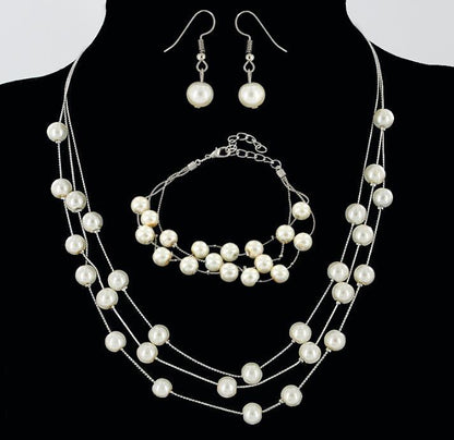 All-match Sweet And Elegant Bride Bridesmaid Mesh  Pearl Necklace Bracelet Earring Set 3 Piece Jewelry