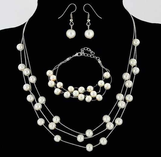 Ensemble de bijoux 3 pièces collier, bracelet et boucles d'oreilles en maille de perles, doux et élégant, pour mariée et demoiselle d'honneur, s'accordant à toutes les tenues