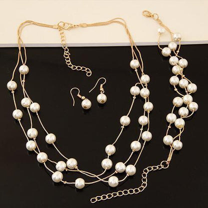 All-match Sweet And Elegant Bride Bridesmaid Mesh  Pearl Necklace Bracelet Earring Set 3 Piece Jewelry