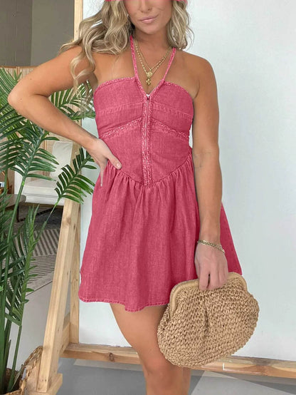 Fashion Women's Halter Denim Mini Flared Dress