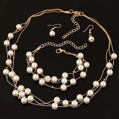 All-match Sweet And Elegant Bride Bridesmaid Mesh  Pearl Necklace Bracelet Earring Set 3 Piece Jewelry