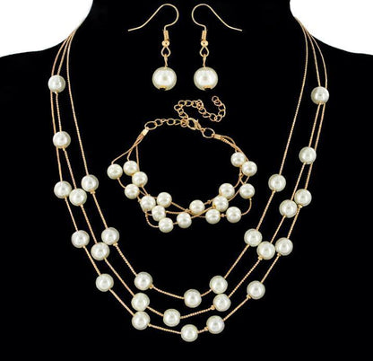 All-match Sweet And Elegant Bride Bridesmaid Mesh  Pearl Necklace Bracelet Earring Set 3 Piece Jewelry