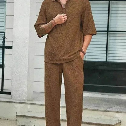 Men's Casual summer 2 piece Pant sets Short sleeved Top and Straight leg pant