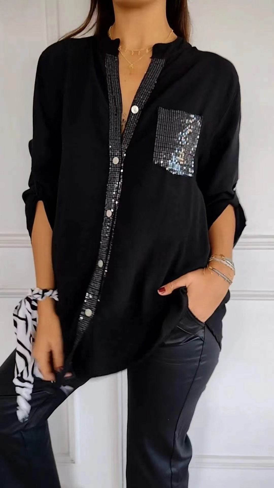 Chemisier décontracté à manches longues avec poche à sequins, haut tendance pour femmes