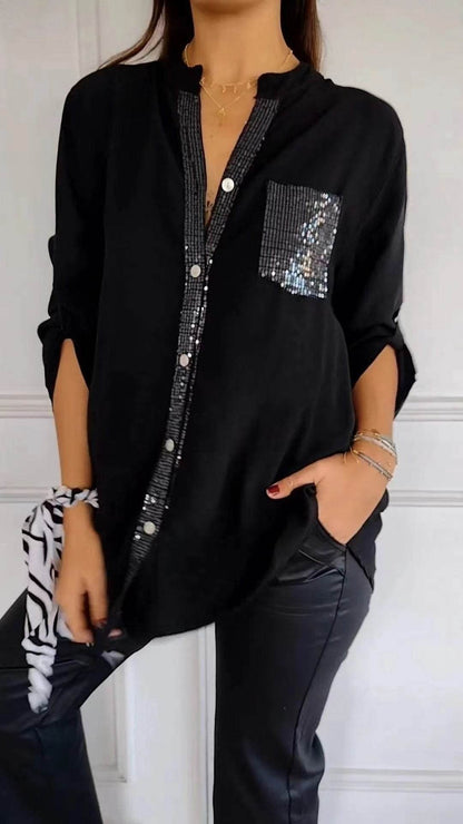 Chemisier décontracté à manches longues avec poche à sequins, haut tendance pour femmes