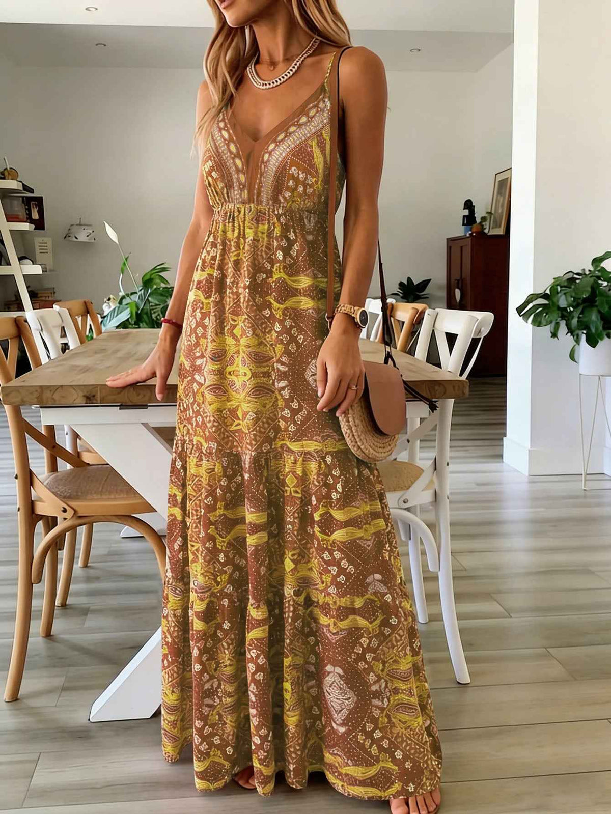 Women's Summer Boho Floral Print High-Waist V-Neck Spaghetti Strap Loose Maxi Dress