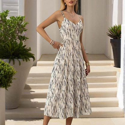 Women's Striped V-Neck Backless Tie Strap Beach Dress - Sexy Elegant Summer Maxi Dress