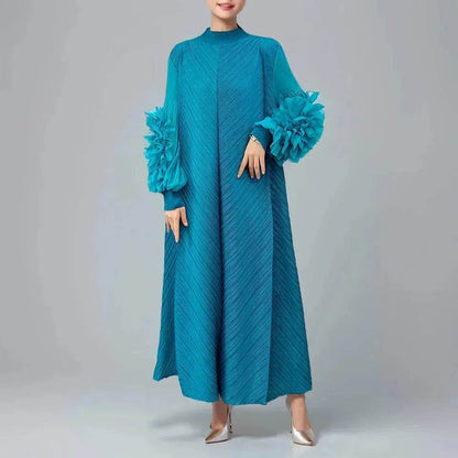 Middle East Plate Flower Loose Plus Size Pleated Extended Dress Oganza Long Sleeve Maxi Dress for Occasional events