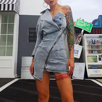 Street Fashion One shoulder Denim Mini Jeans hip dress