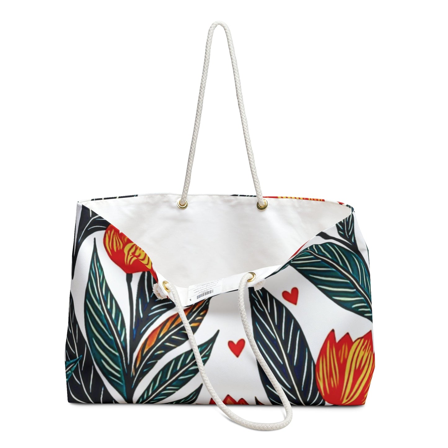Red Tulip Floral Weekender Bag | Botanical Leaves & Heart Accents | Large Tote Bag for Moms & Travel