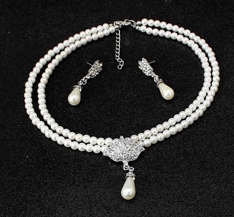 CMT087 Pearl crystal diamond necklace earrings set