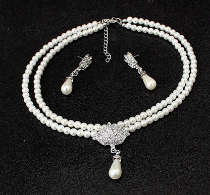 CMT087 Pearl crystal diamond necklace earrings set