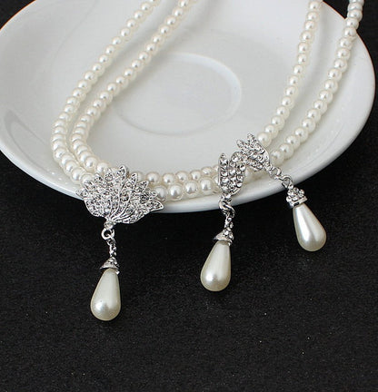 CMT087 Pearl crystal diamond necklace earrings set