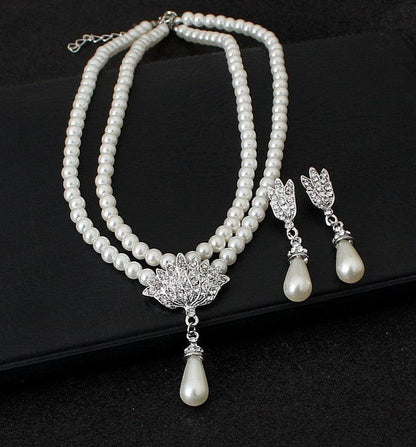 CMT087 Pearl crystal diamond necklace earrings set