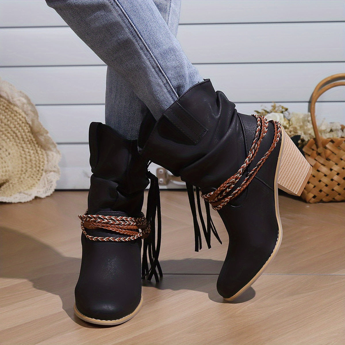 Womens Vintage-Inspired Chunky Heeled Cowboy Boots - Fashionable Tassel & Braided Band Detail, Slip-On Comfort, Soft Slouchy Texture - Retro Short Western Boots