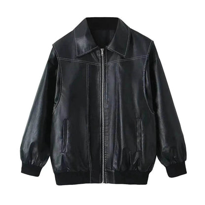 Oversized Fashion Zip-up Lapel Leather Jacket for women